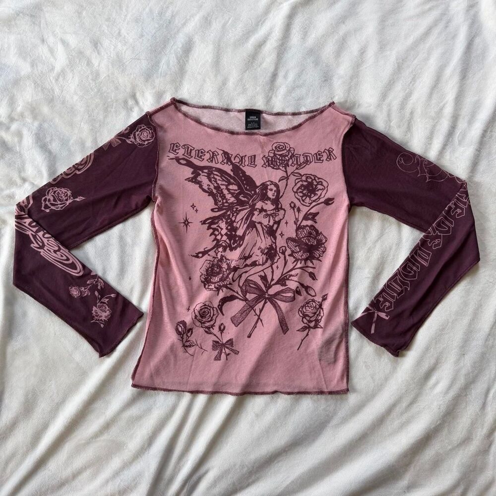 Urban Outfitters Romantic Fairy Graphic Boatneck Long Sleeve Raglan Baby Tee L